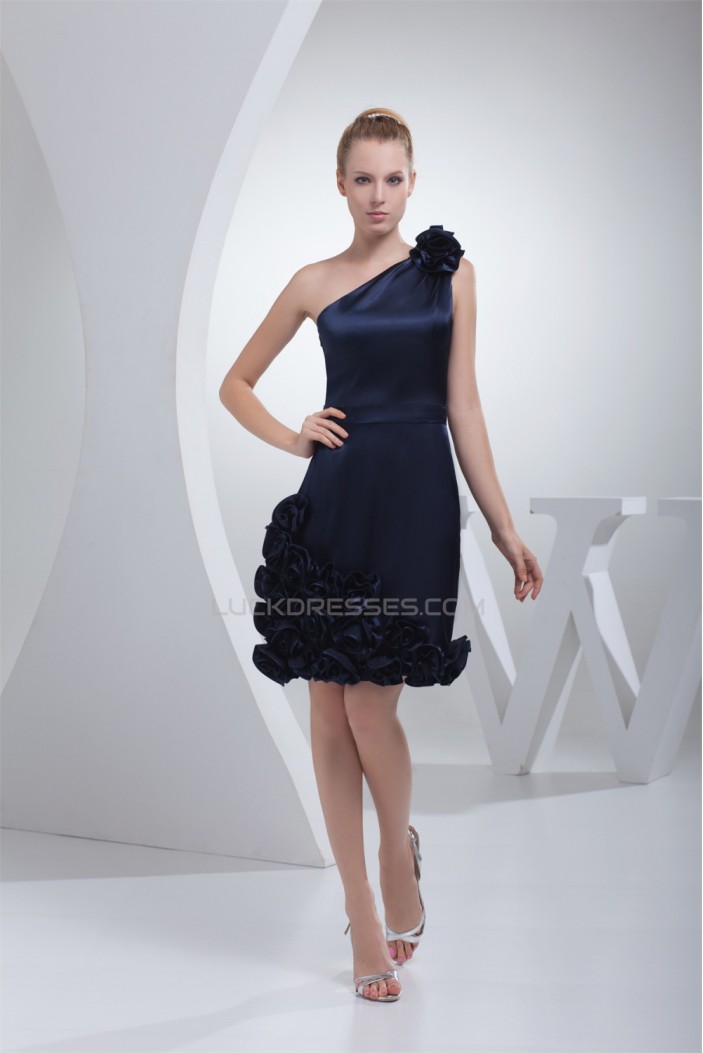 One-Shoulder Handmade Flowers Knee-Length Short Navy Blue Bridesmaid Dresses 02010316