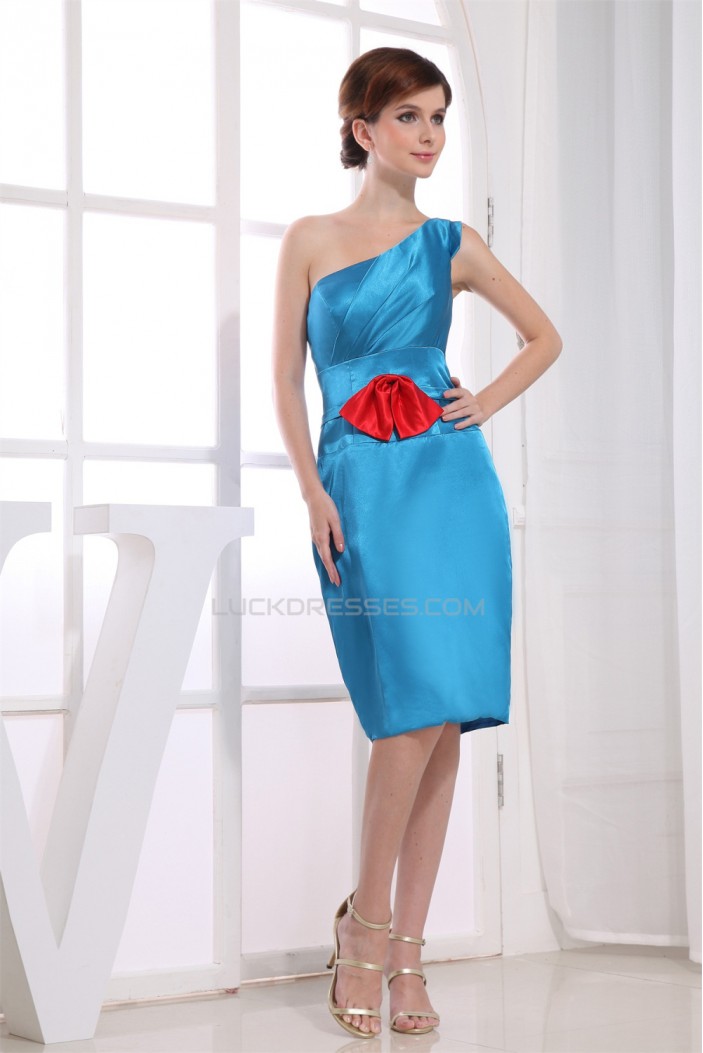 One-Shoulder Silk like Satin Bows Sheath/Column Short Blue Bridesmaid Dresses 02010319