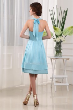 A-Line Sleeveless Ruffles Knee-Length Halter Short Blue Bridesmaid Dresses 02010322