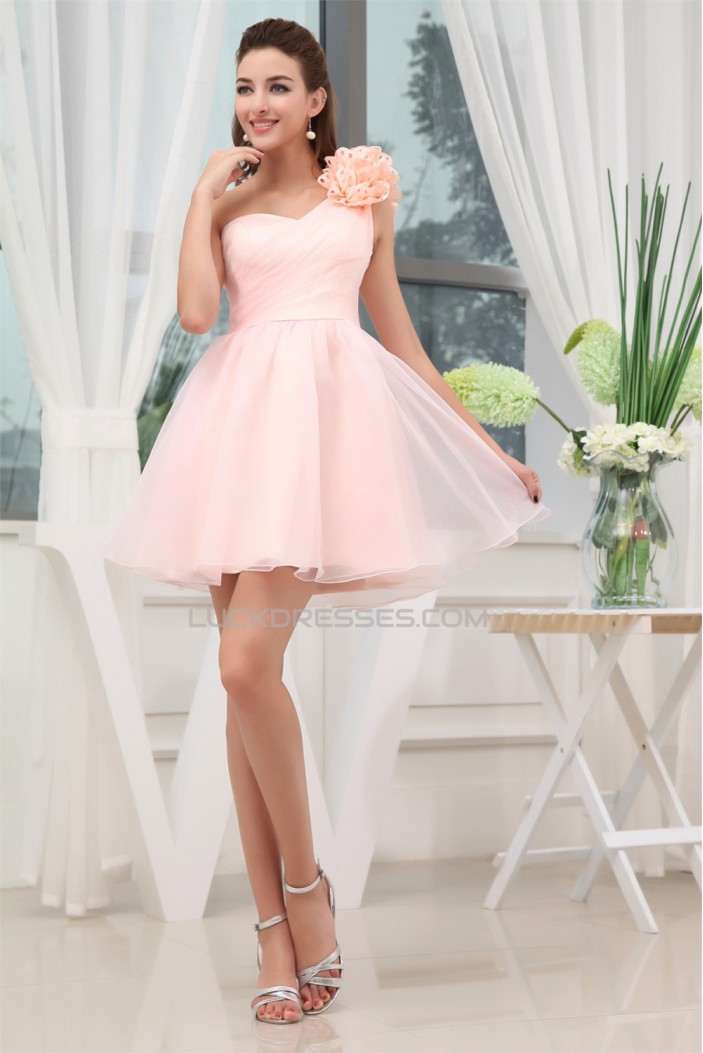 Short/Mini One-Shoulder Sleeveless Handmade Flowers Short Pink Bridesmaid Dresses 02010349