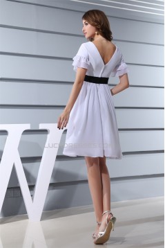 A-Line V-Neck Short/Mini Short Sleeves White Chiffon Bridesmaid Dresses 02010352