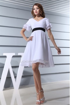 A-Line V-Neck Short/Mini Short Sleeves White Chiffon Bridesmaid Dresses 02010352