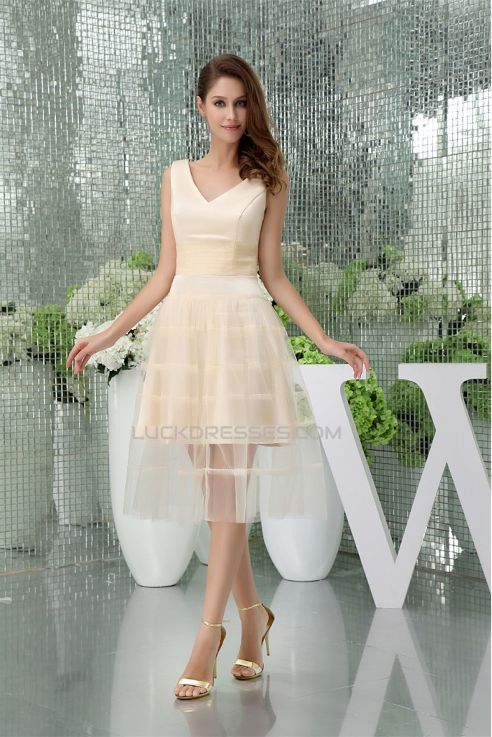 A-Line Tea Length V-Neck Fine Netting Sleeveless Bridesmaid Dresses  02010393