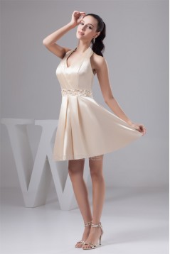 Beautiful Knee-Length Halter Silk like Satin Pleats Bridesmaid Dresses 02010403