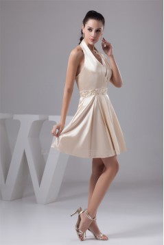 Beautiful Knee-Length Halter Silk like Satin Pleats Bridesmaid Dresses 02010403