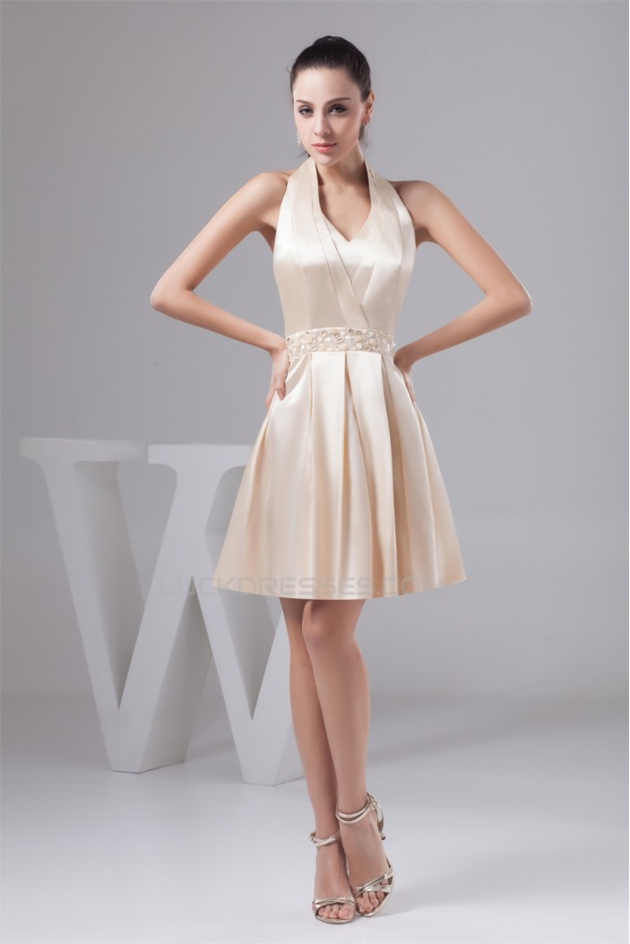 Beautiful Knee-Length Halter Silk like Satin Pleats Bridesmaid Dresses 02010403