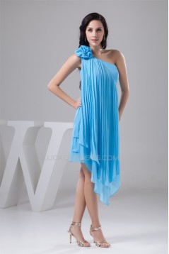 Handmade Flowers Ruffled Chiffon Short Blue Bridesmaid Dresses 02010412