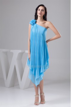 Handmade Flowers Ruffled Chiffon Short Blue Bridesmaid Dresses 02010412