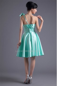 A-Line Knee-Length Bows Sleeveless Satin One-Shoulder Short Bridesmaid Dresses 02010465