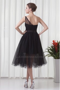 Charming Elastic Woven Satin Netting Sleeveless Short Black One-Shoulder Bridesmaid Dresses 02010468