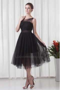 Charming Elastic Woven Satin Netting Sleeveless Short Black One-Shoulder Bridesmaid Dresses 02010468