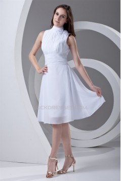 A-Line Chiffon Sleeveless Handmade Flowers Short White Bridesmaid Dresses 02010476