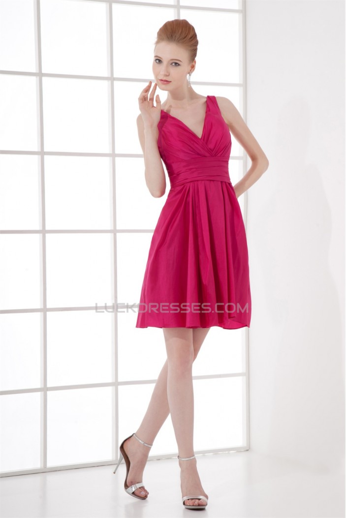 Great Taffeta Sheath/Column Pleats Sleeveless Short V-Neck Bridesmaid Dresses 02010482