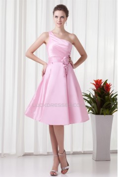 A-Line Handmade Flowers One-Shoulder Short Pink Bridesmaid Dresses 02010483