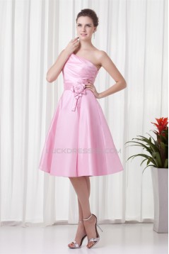 A-Line Handmade Flowers One-Shoulder Short Pink Bridesmaid Dresses 02010483