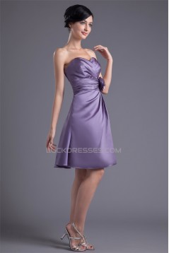 A-Line Knee-Length Sleeveless Satin Handmade Flowers Short Bridesmaid Dresses 02010489