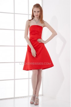 A-Line Knee-Length Pleats Sleeveless Elastic Woven Satin Short Red Bridesmaid Dresses 02010493