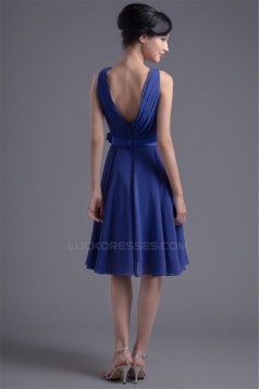 A-Line V-Neck Sleeveless Handmade Flowers Knee-Length Short Blue Bridesmaid Dresses 02010496