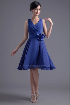 A-Line V-Neck Sleeveless Handmade Flowers Knee-Length Short Blue Bridesmaid Dresses 02010496