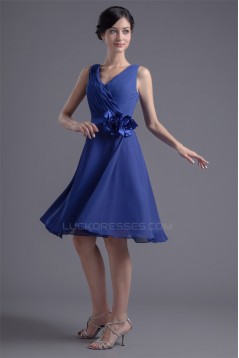 A-Line V-Neck Sleeveless Handmade Flowers Knee-Length Short Blue Bridesmaid Dresses 02010496