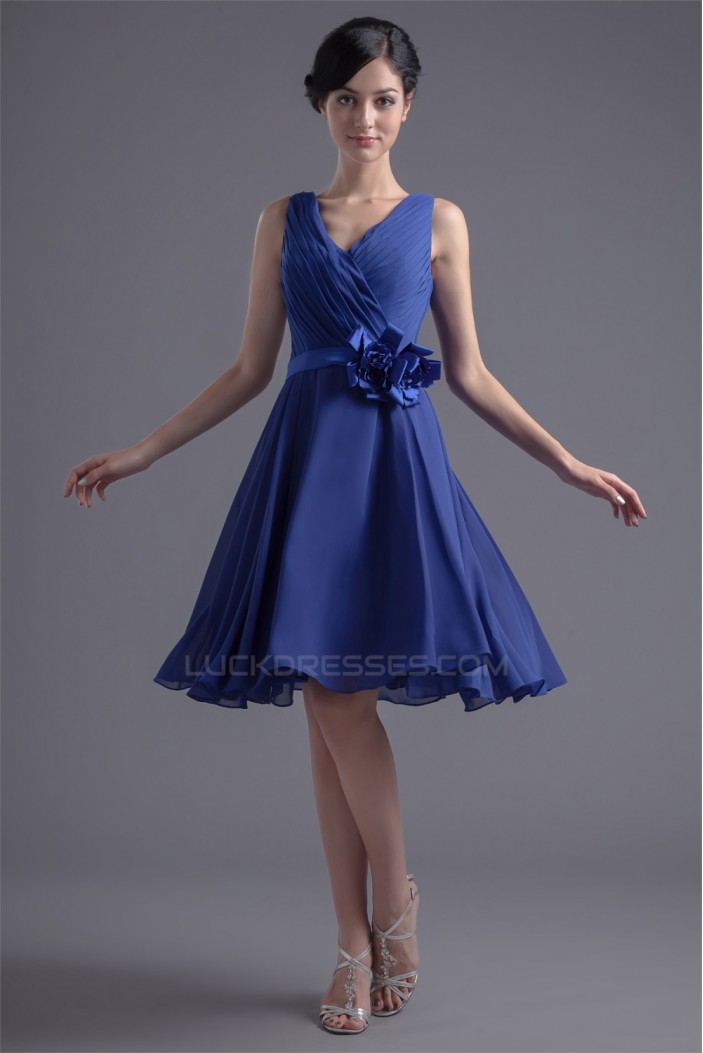 A-Line V-Neck Sleeveless Handmade Flowers Knee-Length Short Blue Bridesmaid Dresses 02010496