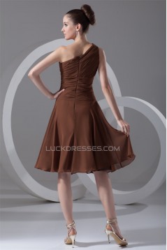 Pleats Tea Length Sheath/Column Chiffon One-Shoulder Short Bridesmaid Dresses 02010505