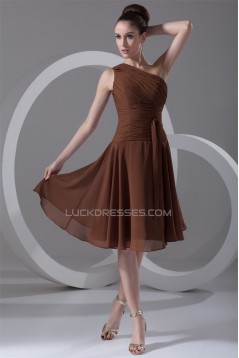 Pleats Tea Length Sheath/Column Chiffon One-Shoulder Short Bridesmaid Dresses 02010505