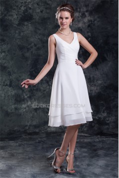 A-Line V-Neck Knee-Length Ruffles Short White Bridesmaid Dresses 02010507