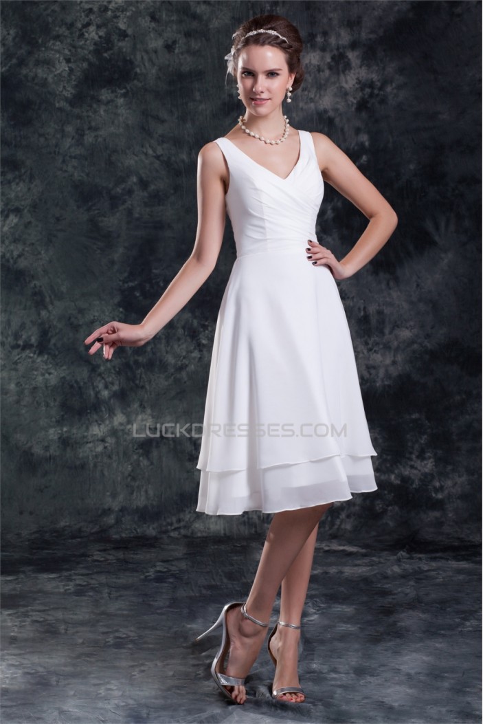 A-Line V-Neck Knee-Length Ruffles Short White Bridesmaid Dresses 02010507