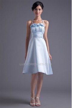 Satin Pleats Knee-Length Sleeveless Halter Bridesmaid Dresses 02010514