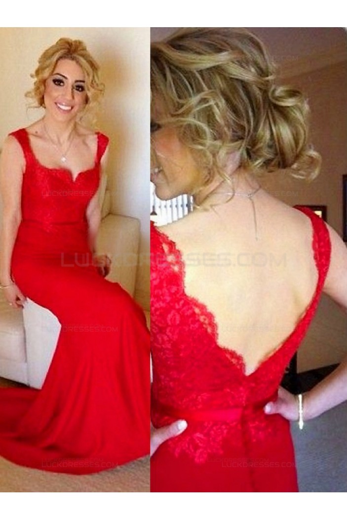 Long Red Straps Lace Evening Prom Bridesmaid Dresses 3010011