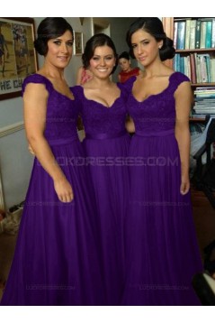 A-Line Cap-Sleeves Lace Chiffon Long Bridesmaid Dresses 3010014