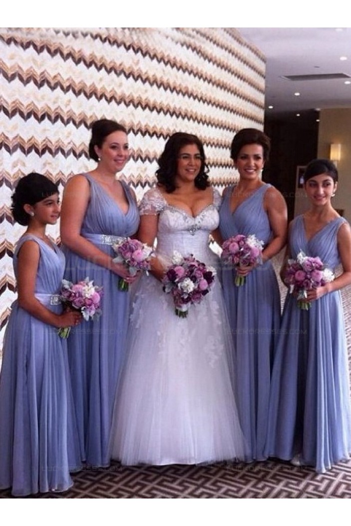 A-Line V-Neck Straps Sleeveless Long Bridesmaid Dresses 3010018