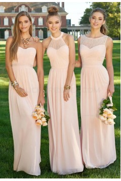 Lace Illusion Neckline Long Pink Floor-Length Chiffon Lace Wedding Party Dresses Bridesmaid Dresses 3010039