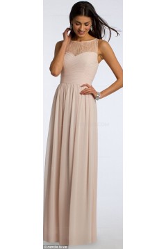 Lace Illusion Neckline Long Pink Floor-Length Chiffon Lace Wedding Party Dresses Bridesmaid Dresses 3010039