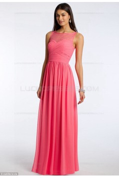 Lace Illusion Neckline Long Pink Floor-Length Chiffon Lace Wedding Party Dresses Bridesmaid Dresses 3010039