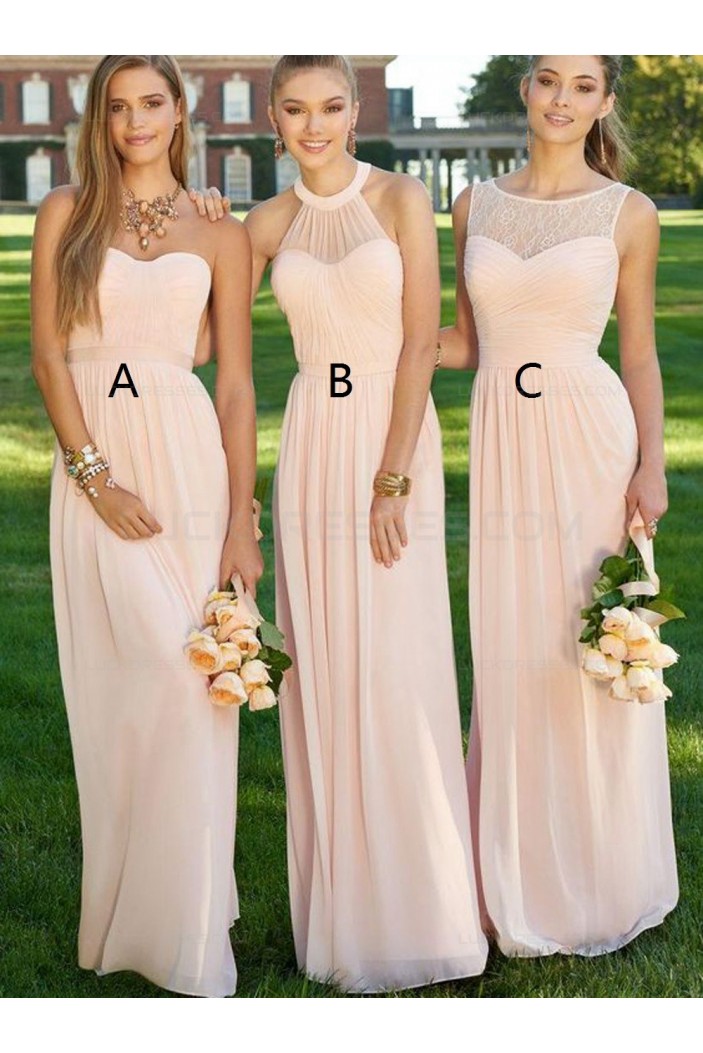 Lace Illusion Neckline Long Pink Floor-Length Chiffon Lace Wedding Party Dresses Bridesmaid Dresses 3010039