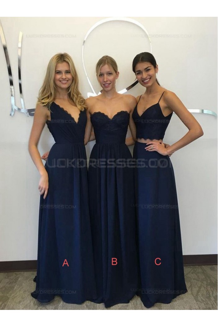 Long Navy Blue Lace Chiffon Floor-Length Wedding Party Dresses Bridesmaid Dresses 3010048