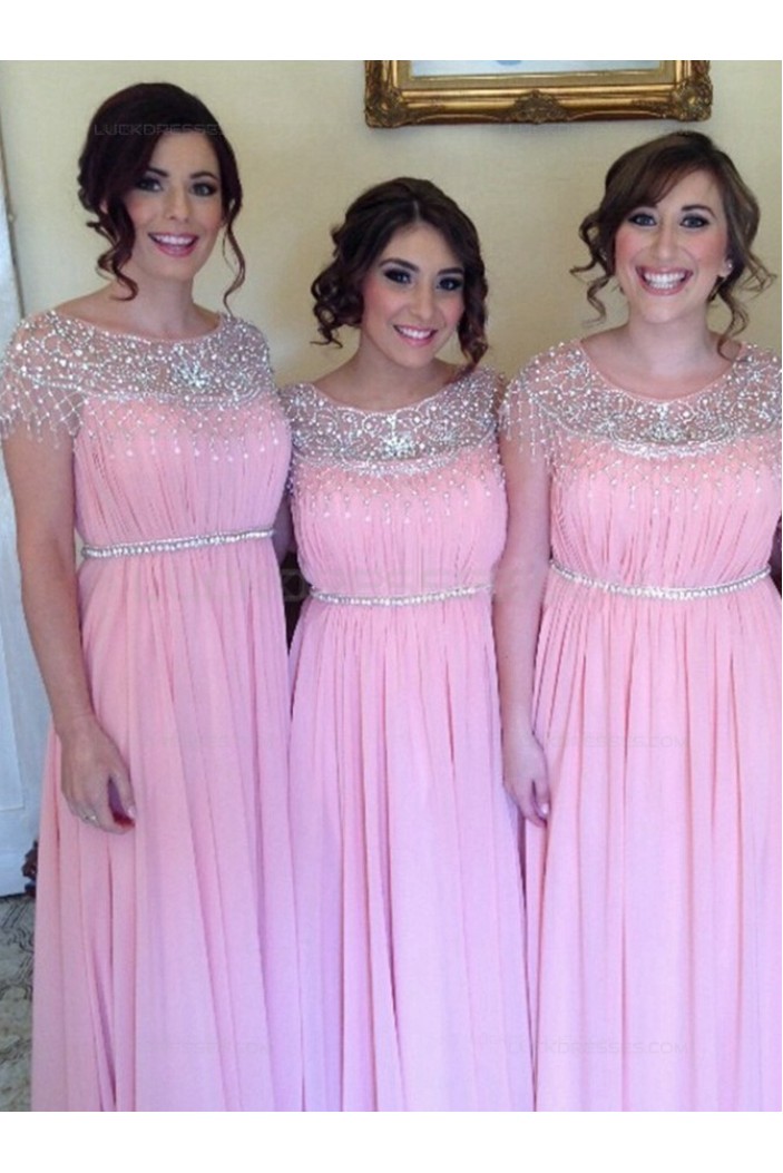 Long Pink Beaded Chiffon Wedding Party Dresses Bridesmaid Dresses 3010054