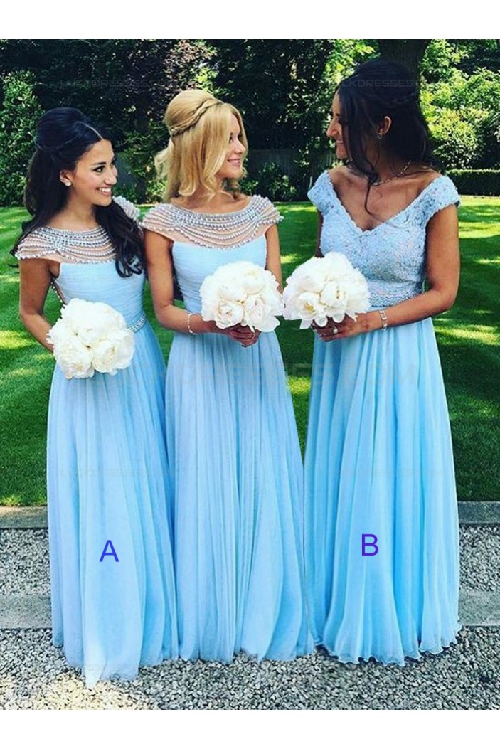 Long Blue Beaded Chiffon Floor-Length Wedding Party Dresses Bridesmaid Dresses 3010063