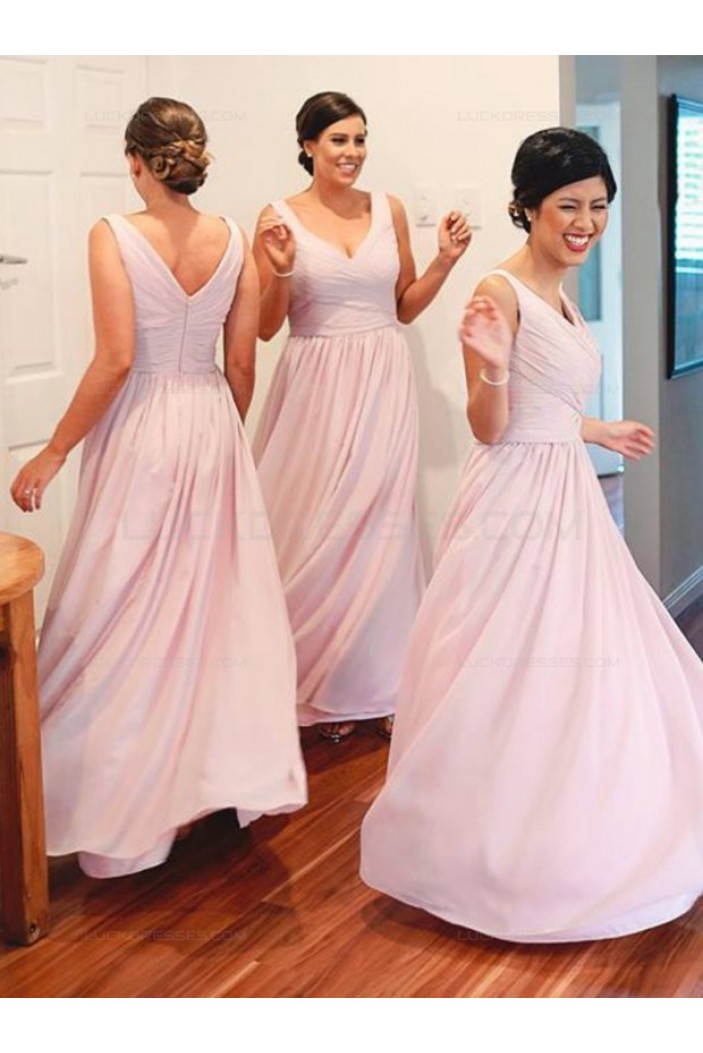 A-Line V-Neck Straps Long Pink Wedding Party Dresses Bridesmaid Dresses 3010073