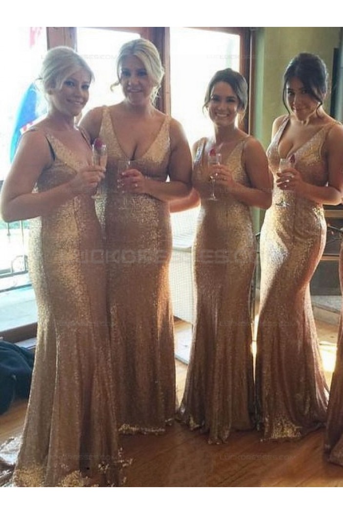 Trumpet/Mermaid V-Neck Straps Sequins Gold Long Wedding Party Dresses Bridesmaid Dresses 3010084