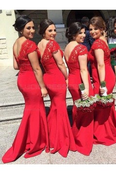 Trumpet/Mermaid Cap-Sleeves V-neck Lace Long Red Wedding Party Dresses Bridesmaid Dresses 3010092