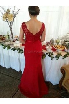 Trumpet/Mermaid Cap-Sleeves V-neck Lace Long Red Wedding Party Dresses Bridesmaid Dresses 3010092