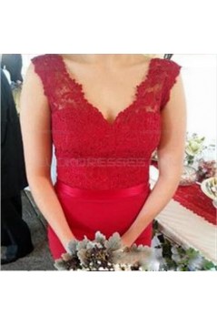 Trumpet/Mermaid Cap-Sleeves V-neck Lace Long Red Wedding Party Dresses Bridesmaid Dresses 3010092