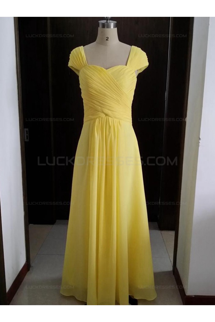 Cap-Sleeves Long Yellow Chiffon Wedding Party Dresses Bridesmaid Dresses 3010095