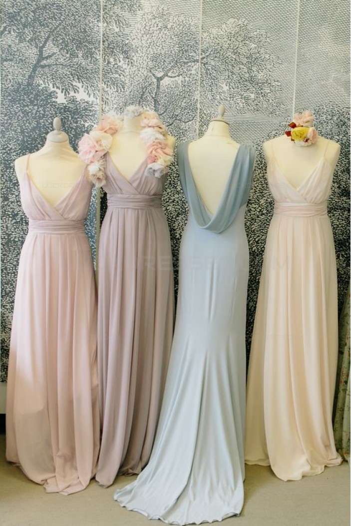 Spaghetti Straps V-Neck Floor-Length Chiffon Wedding Guest Dresses Bridesmaid Dresses 3010111
