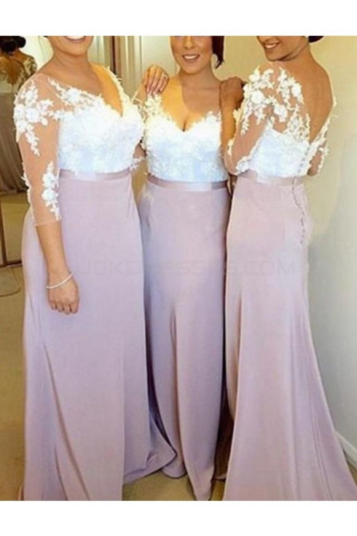 3/4 Length Sleeves V-Neck Lace Long Wedding Guest Dresses Bridesmaid