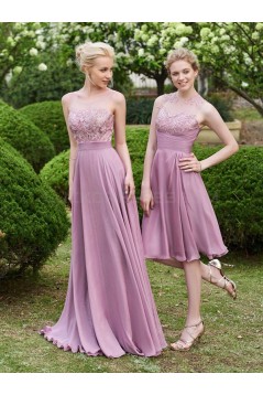 A-Line Lace Chiffon Illusion Neckline Long Wedding Guest Dresses Bridesmaid Dresses 3010219