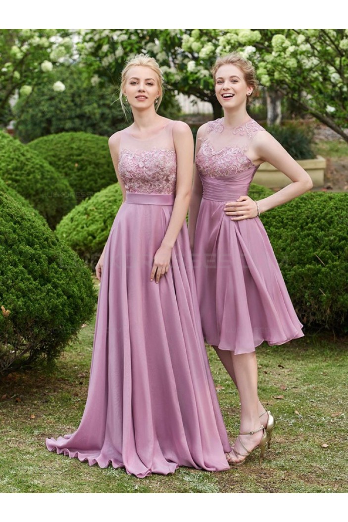 A Line Lace Chiffon Illusion Neckline Long Wedding Guest Dresses Bridesmaid Dresses 3010219